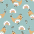 Seamless pattern with small cute birds, rainbow, flowers and plants . Pastel color. Hand drawn, children`s pattern for fabric, Royalty Free Stock Photo