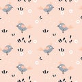 Seamless pattern, small cute gray birds, leaves and flowers on a delicate orange background. Print, children\'s textiles Royalty Free Stock Photo