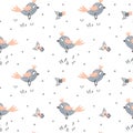 Seamless pattern, small cute gray-orange birds, leaves and flowers. Print,textiles, decor for children\'s clothing Royalty Free Stock Photo