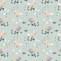 Seamless pattern, small cute gray and pink birds, leaves and flowers. Print, children\'s textiles, decor for kids clothes Royalty Free Stock Photo