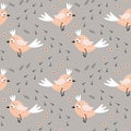 Seamless pattern, small cute orange birds, paw prints, leaves and flowers . Print, textiles, decor for children\'s clothing Royalty Free Stock Photo