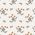 Seamless pattern, small delicate beige flowers and branches with gray leaves. Textile, print, wallpaper, packaging Royalty Free Stock Photo
