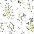 Seamless pattern, small delicate yellow flowers and scattering of small leaves. Print, textile, wallpaper.