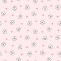 Seamless pattern with small flowers and pink hearts.