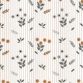 Seamless pattern, small gray and brown flowers with leaves on a delicate striped background. Print, textile, background Royalty Free Stock Photo