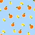 Seamless pattern with small lemon, orange stickers. Fruit isolated on a blue background