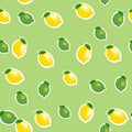 Seamless pattern with small lemons and limes with leaves. Light green background.