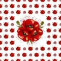 Seamless pattern with small poppies, spiral elements, in the center a large bouquet of poppies