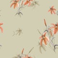 Seamless pattern of orange and beige flowers of lily on a beige background. Watercolor