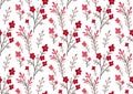 Seamless pattern with small pink flowers on branches on a white background. Natural texture with sakura branches. Vector floral Royalty Free Stock Photo