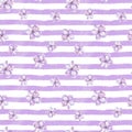 Seamless Pattern of small purple Flowers on a striped background. Botanical watercolor illustration. Ditsy ornament Royalty Free Stock Photo