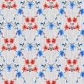 Seamless pattern of small red and blue flowers on a gray cell linen background. Watercolor Royalty Free Stock Photo