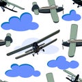 Seamless pattern of small sports aircraft images on white background with blue clouds