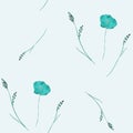 Seamless pattern small, spring turquoise flowers with turquoise branchs on a light blue background. Watercolor