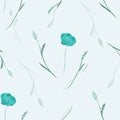 Seamless pattern small, spring turquoise flowers turquoise branchs on a light blue background. Watercolor
