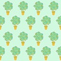 Seamless pattern of small tangerine tree in a pot in contour sty