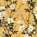 seamless pattern of small white flowers, black thin twigs on a pale yellow background Royalty Free Stock Photo