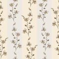 Seamless pattern small wild beige branchs of flowers with grey strips on a light beige background. Watercolor