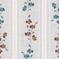 Seamless pattern small wild blue and orange branchs of flowers on a gray linen background with vertical strips. Watercolor - 15 Royalty Free Stock Photo