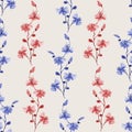 Seamless pattern small wild blue and red branchs of flowers on a light beige background. Watercolor - 5