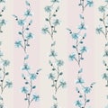 Seamless pattern small wild blue and turquoise branchs of flowers with beige strips on a light pink background. Watercolor Royalty Free Stock Photo