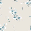 Seamless pattern small wild blue and wite flowers on a beige background. Watercolor - 1