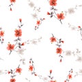 Seamless pattern small wild branch with red and beige flowers on a white background. Watercolor Royalty Free Stock Photo