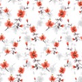 Seamless pattern small wild branch with red and gray flowers on a white background. Watercolor -3 Royalty Free Stock Photo