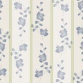 Seamless pattern small wild branchs with blue flowers on a beige background with green vertical strips. Watercolor -3
