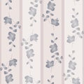 Seamless pattern small wild branchs with gray flowers on a light pink background with gray vertical strips. Watercolor -3