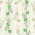 Seamless pattern small wild branchs with green flowers on a yellow background with vertical strips. Watercolor -2