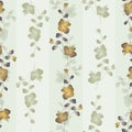Seamless pattern small wild branchs with orange and green flowers on a green background with vertical strips. Watercolor -2