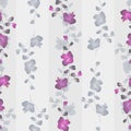 Seamless pattern small wild branchs with pink and gray flowers on a gray background with vertical strips. Watercolor -2