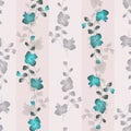 Seamless pattern small wild branchs with turquoise flowers on a pink background with vertical strips. Watercolor -2