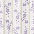 Seamless pattern small wild branchs with violet flowers on a gray background with green vertical strips. Watercolor -3