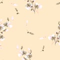 Seamless pattern small wild brige and pink flowers on a beige background. Watercolor -3