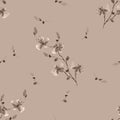 Seamless pattern small wild dark beige flowers on the dark beige background. Watercolor -3