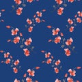 Seamless pattern small wild dark red flowers on a deep blue background. Watercolor- 4