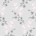 Seamless pattern small wild gray and pink flowers on a light gray background. Watercolor - 4 Royalty Free Stock Photo