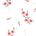 Seamless pattern small wild red and gray cherry plum flowers on the white background. Watercolor  1 Royalty Free Stock Photo