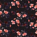 Seamless pattern small wild red and violet flowers on the black background. Floral background. Watercolor. Royalty Free Stock Photo