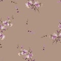 Seamless pattern small wild violet and baige branchs of flowers on the deep beige background. Watercolor Royalty Free Stock Photo