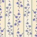 Seamless pattern small wild violet branchs of flowers with green strips on a light beige background. Watercolor