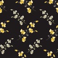 Seamless pattern small wild yellow, beige and gray flowers on the black background. Floral background. Watercolor.