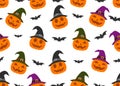 Seamless pattern of smile pumpkin devil wearing witch hat and bat isolated on white background