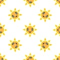 Seamless pattern with smile sun. Pixel art background, vector illustration. Retro game style
