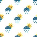 Seamless pattern with smile sun and sad cloud. Pixel art background, cartoon vector illustration Royalty Free Stock Photo