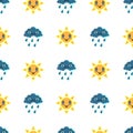 Seamless pattern with smile sun and sad cloud. Pixel art background, cartoon vector illustration Royalty Free Stock Photo
