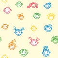 Seamless pattern of smiling baby faces on a light yellow background. Happy Childrens. Doodle illustration drawn by colored felt-ti Royalty Free Stock Photo