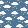 Seamless pattern of smiling clouds and stars on blue background. Cartoon character in flat style. Royalty Free Stock Photo